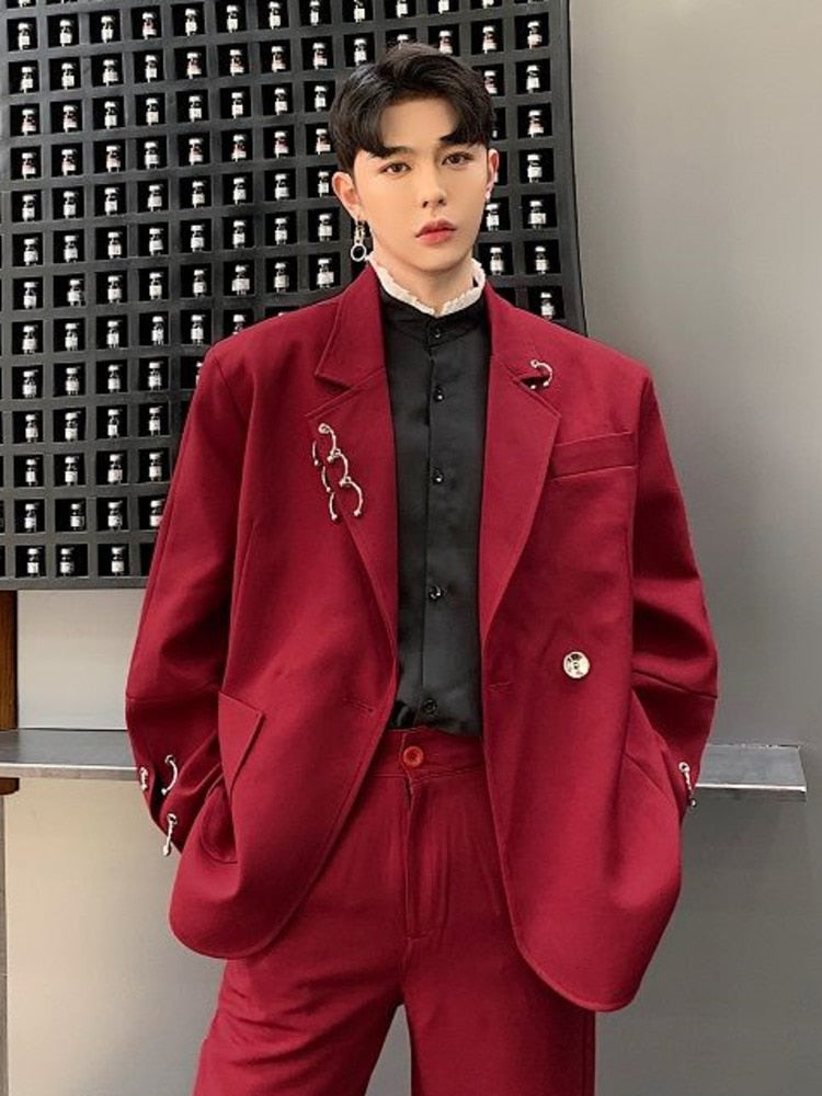 Autumn Winter Personalized Design Iron Ring Decoration Wine Red Suit New Korean Fashion Solid Color Male Luxury 9A5225 voguable