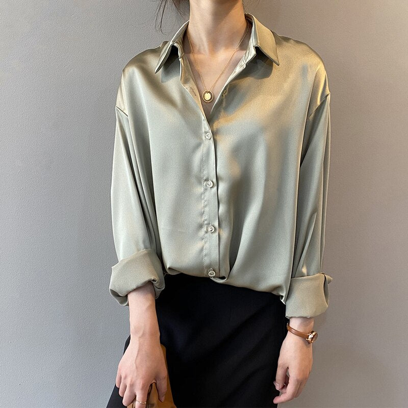 New Spring Turn-down Collar Women Shirt White Loose Satin Solid Blouse Women Tops Casual Button Silk Shirt Woman Blusas voguable