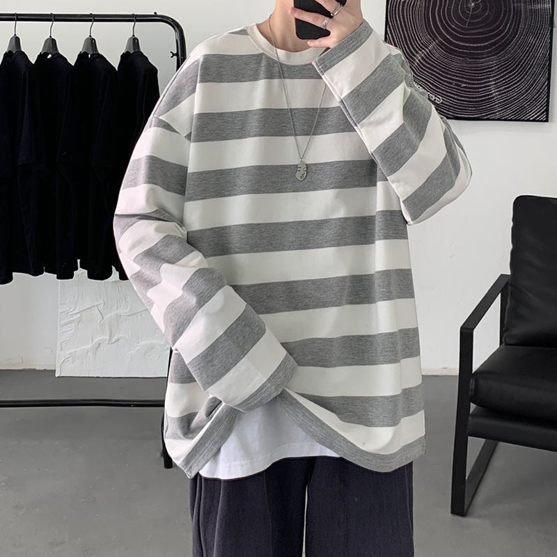 Spring Men Stripe Tops Tees Harajuku Long Sleece Crew Collar Male T Shirts Casual Clothes High Quality Unisex Tshirt voguable