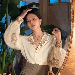 Blouse Women Elegant Retro Vintage Shirt Embroidered Floral Top Long Sleeve voguable