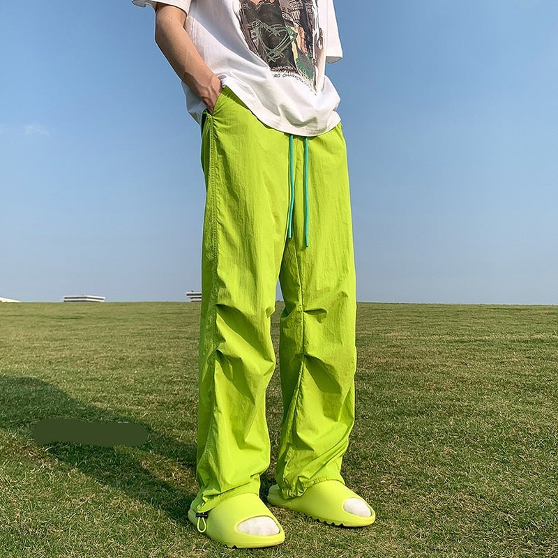 American Trend Y2k Parachute Casual Pants Mens Baggy Solid Color Quick Drying Cargo Pants Waterproof Ice Silk Straight Trousers voguable