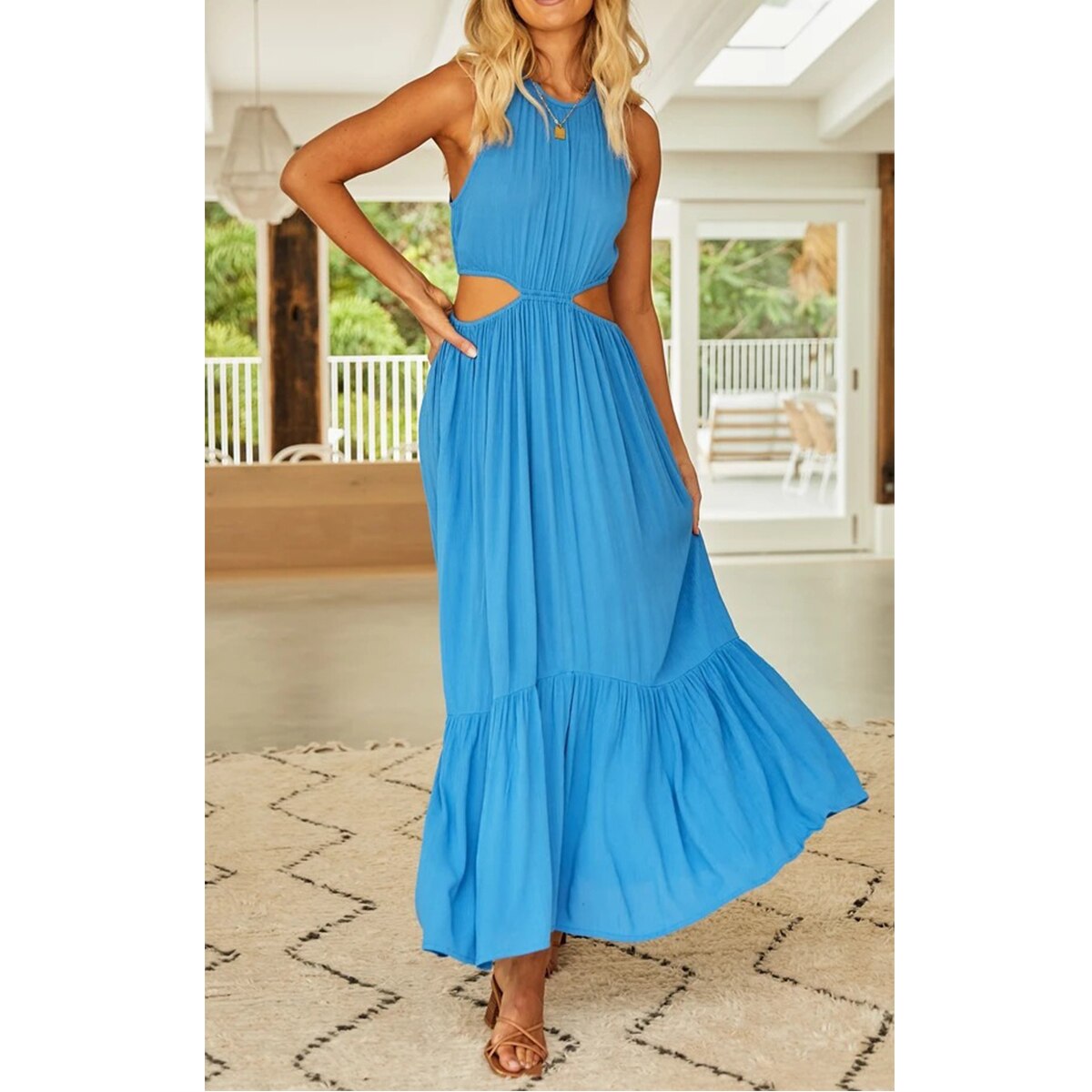 Casual Women Maxi Cotton Rayon Dress Blue Elegant Waist Hollow Out Sleeveless Sexy Beach Long Dress Holiday New Dress voguable