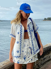 White Blue Geometric Printed Casual Shirt Single Button Turn Down Collar Loose Shirt Blouse Summer Oversize Blusa voguable