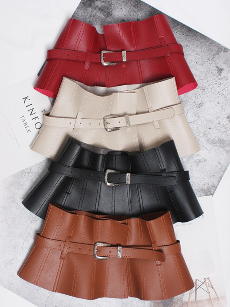 New Spring Summer Pu Leather Black Ruffles Buckle Split Joint Personality Wide Belt Women Fashion All-match voguable