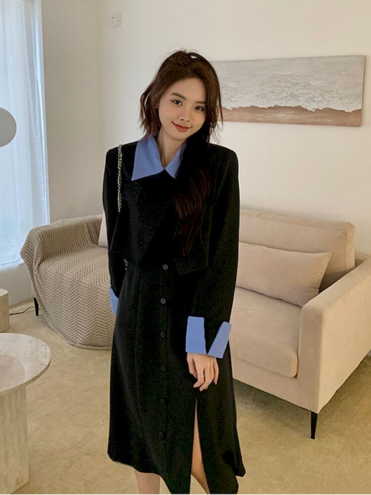 Women Splice Lapel Fashion Solid Short Blazer Coat Crop Top+Straight Pants Two Piece Sets Female Elegant Streetwear Outfits voguable