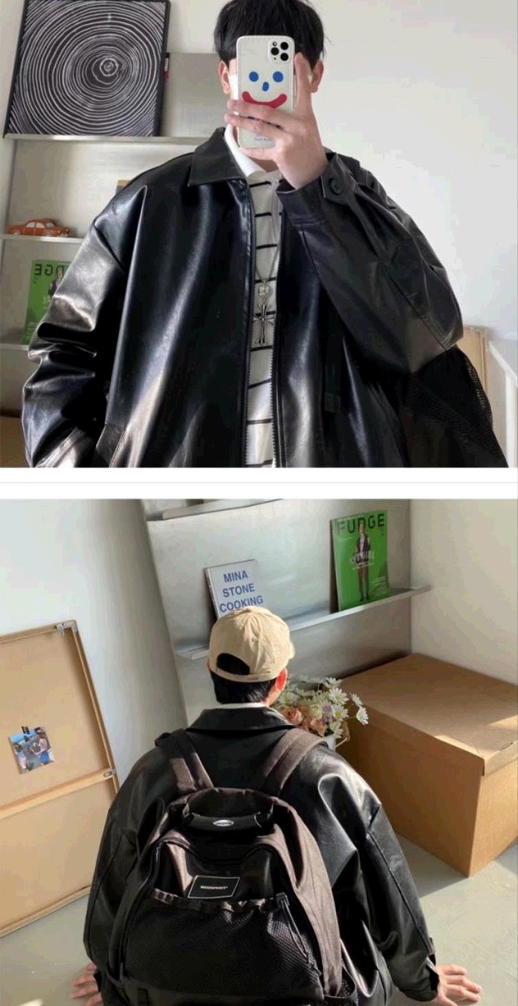 Voguable Pu Leather Jacket Men Brown Retro Motorcycle Jacket Autumn Korean Fashion Fried Street Loose Zipper Bomber Jacket Learher Coats voguable