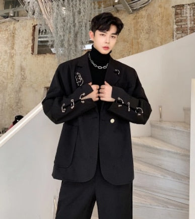 Autumn Winter Personalized Design Iron Ring Decoration Wine Red Suit New Korean Fashion Solid Color Male Luxury 9A5225 voguable