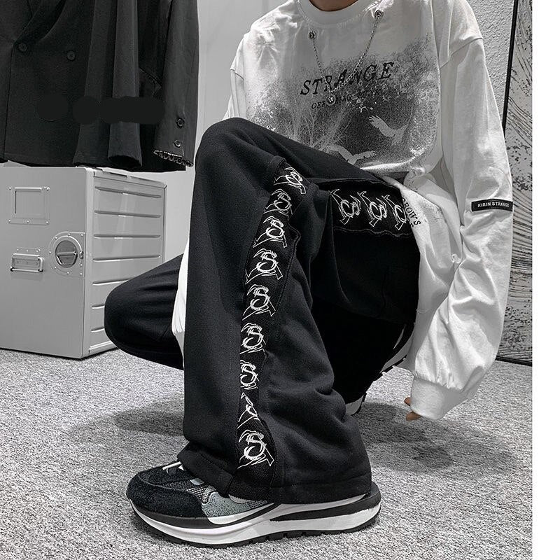 High Street Men Casual Pants Harajuku Y2K Letter Print Design Oversize Straight Black Pant America Vintage Male Trousers voguable
