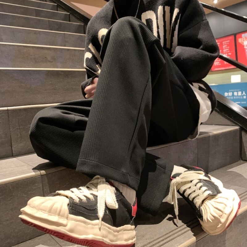 Casual Pants Men Corduroy High Street Fashion All-match Loose Wide Leg Trousers Baggy Drawstring Solid Simple Clothing Popular voguable