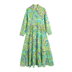 Paisley Print Shirt Dress Elegant Autumn Spring Green Dress Floral Print Boho Female Maxi Dress Long Sleeve Dress 2023 voguable