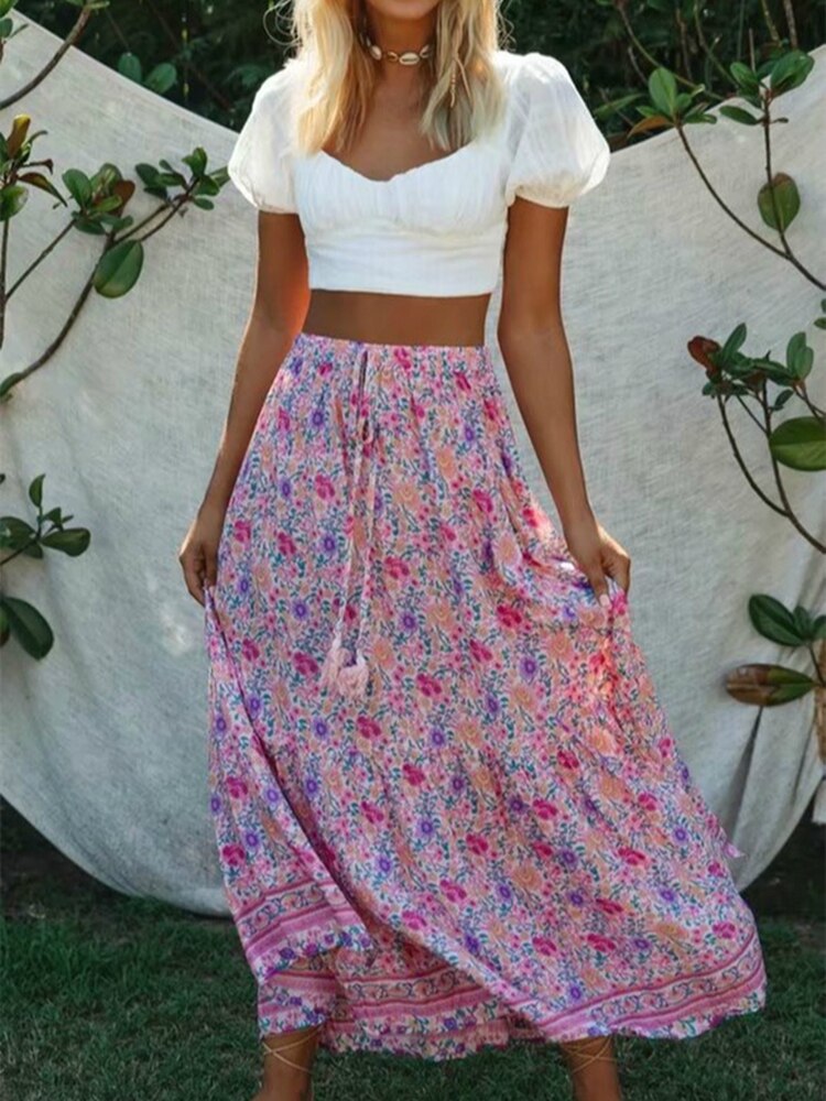 Vintage Chic Fashion Women Pink Floral Print Split Beach Bohemian Skirt High Elastic  A-Line Boho Rayon Maxi Skirts Femme voguable