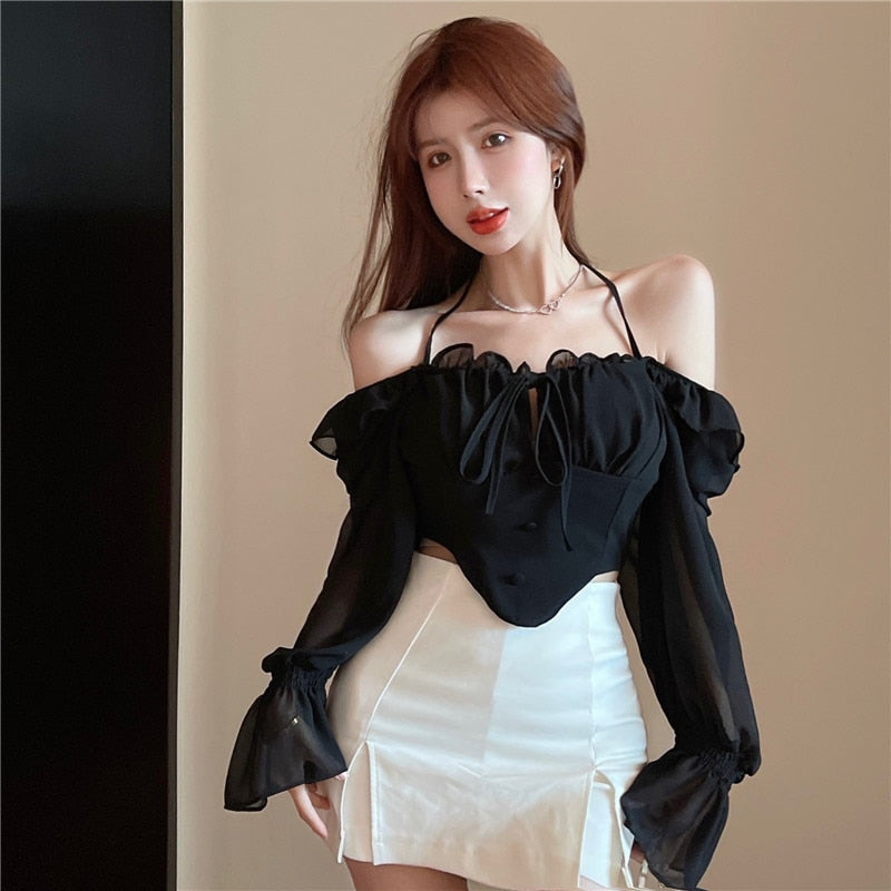 Ladies Sexy Halter Strap Short Chiffon Top Korean Autumn Long Sleeve Slim Shirt Solid Color White Fashion Clothes voguable
