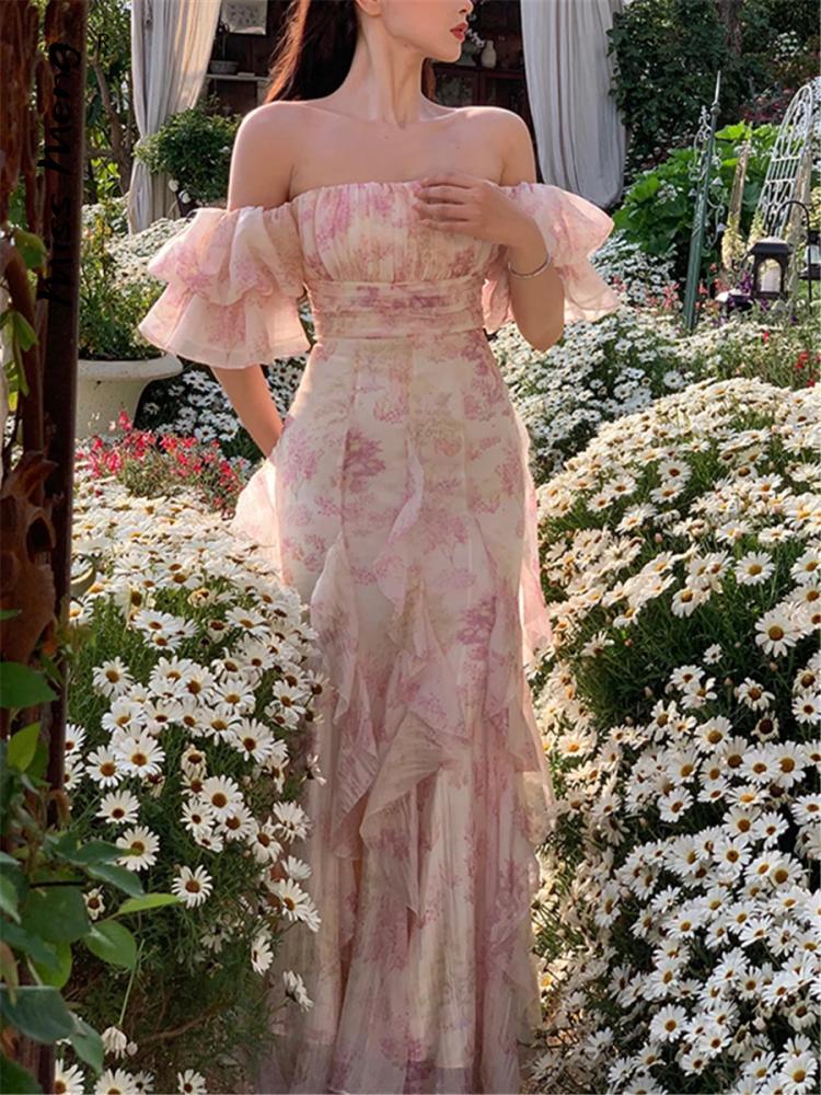 Floral Sweet Women Midi Dress Mesh Elegant Slash Neck Korean Summer Female Dresses Petal Sleeve Fashion Lady Vestido New voguable