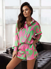 Floral Print Boho Women Shorts Set Summer Casual Long Sleeve Button Up Shirt Shorts Outfits 2 Pcs Beach Suit voguable