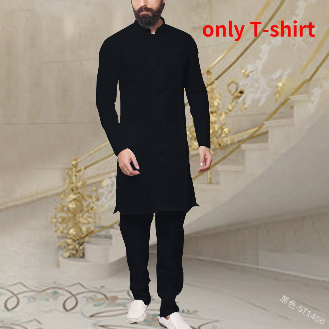 Men Fashion African Clothes Cotton T-shirt Dubai Muslim Long Sleeve Tee Tops Islamic Clothing Set Arabic Casual Blouse Robe Gown voguable