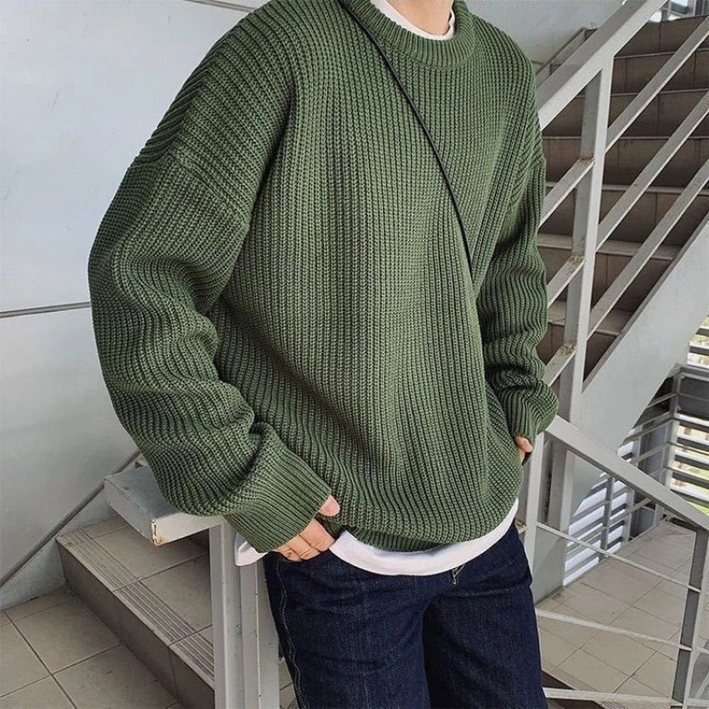 Voguable Men's Solid Color Sweaters Autumn Winter Korean Fashion O-Neck Loose Pullovers Couples Basic Warm Knitted Sweater Teens Jumpers voguable
