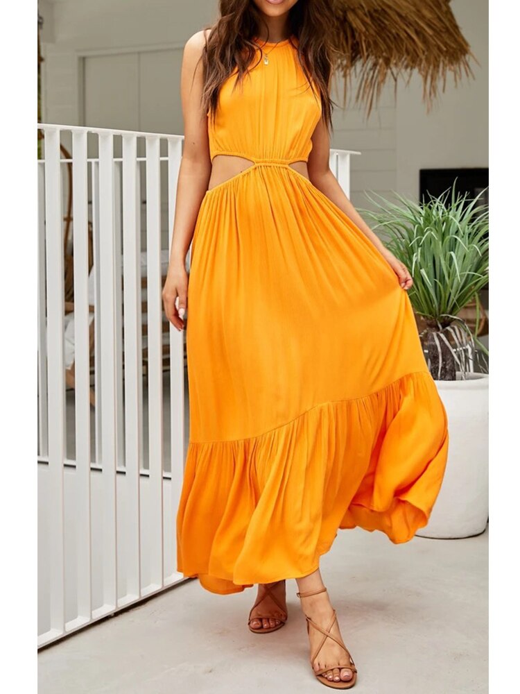 Casual Women Maxi Cotton Rayon Dress Blue Elegant Waist Hollow Out Sleeveless Sexy Beach Long Dress Holiday New Dress voguable