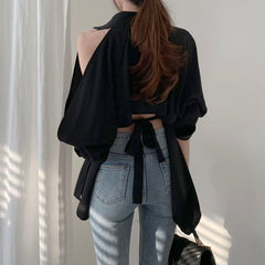 Fashion Hollow Sexy Women Blouse Chic Long Sleeve Irregular Vinatge White Shirt Women Off Shoulder Bandage Lady Top Blusas voguable