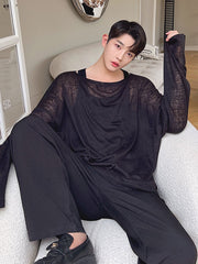 Summer Knit One Line Neck Long Sleeve T-shirt  Translucent Solid Color Korean Fashion Round Neck Male Tops 9A3955 voguable