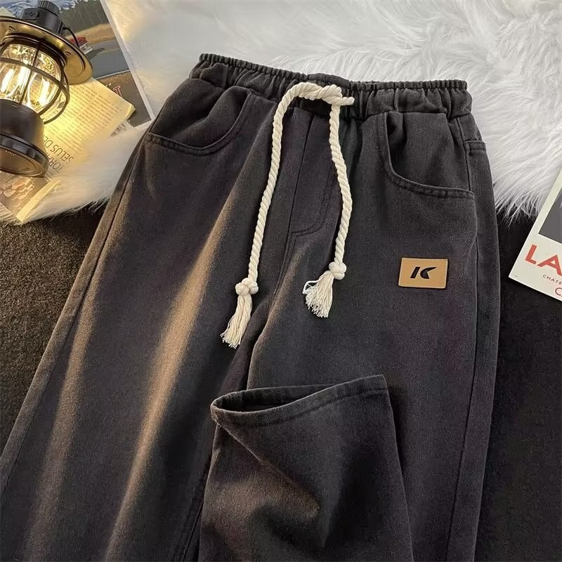 Spring New Women Vintage Jeans High Street Drawstring Wide Leg Female Denim Pants Fashion Straight Unisex Casual Trousers voguable