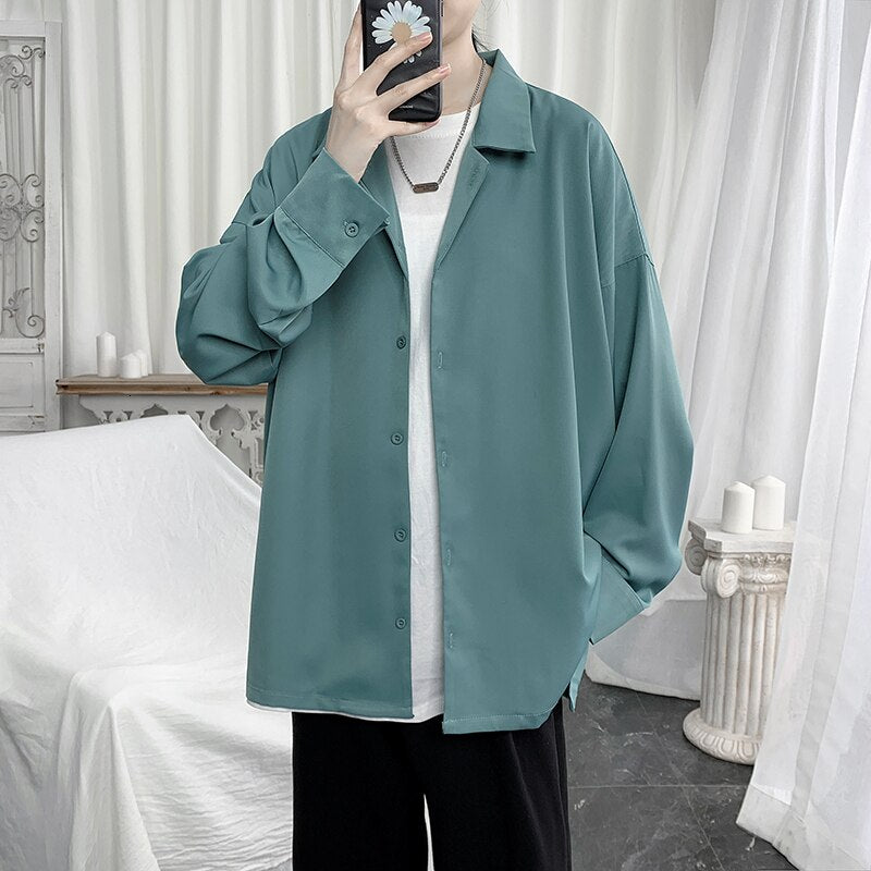 Voguable 2022  Summer Men Shirt Short Sleeve Solid Color Shirts For Man Vintage Harajuku Casual Oversized Blouses Fashion Men's Clothing voguable