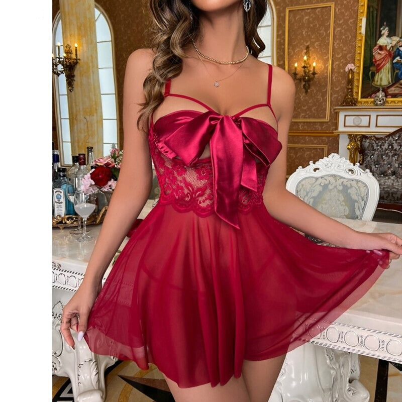Voguable  Sensual Lingerie Sexy Sleepwear Hollow Out Bow Exotic Costumes Transparent Porn Lace Babydoll Exotic Sets Nightgown voguable