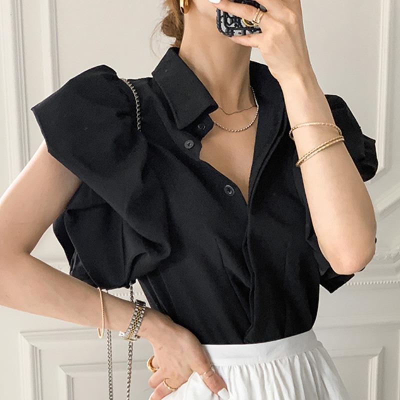 Shirts Women Summer Slim Gentle Temper Flying-sleeve Chic Designed Vintage Aesthetic Pure Lapel Office Lady Trendy Clothing voguable