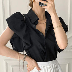 Shirts Women Summer Slim Gentle Temper Flying-sleeve Chic Designed Vintage Aesthetic Pure Lapel Office Lady Trendy Clothing voguable