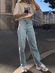 2022 Summer New Fashion Light Blue Women Asymmetric Fly Jeans With Button Closure Split Waist Straight Leg Jeans big size 2S4F voguable