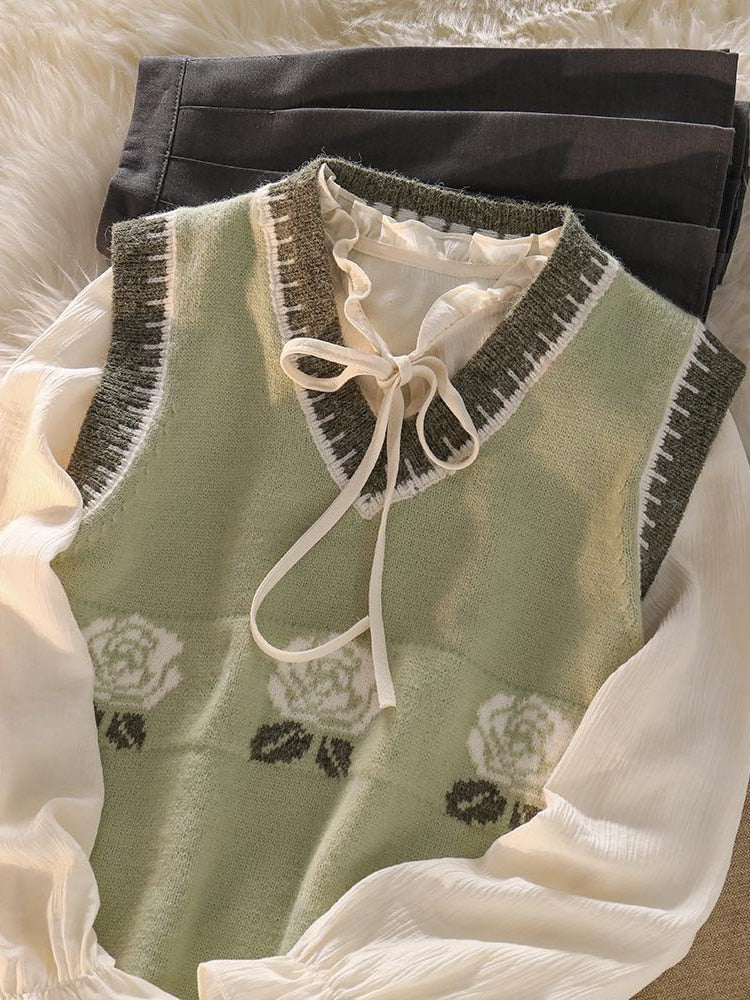 Three-piece Suit for Women Spring Matcha Green Knitted Vest Girly White Shirt Black Pleated Skirt College Style Suit Female voguable