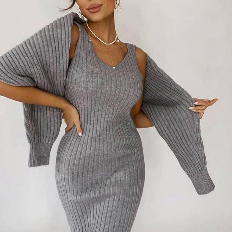 Women Elegant Slim Two Piece Sets Female Sweater Dress Autumn Winter High Waist Knitted Ensemble Femme Medium Long Party Dresses voguable