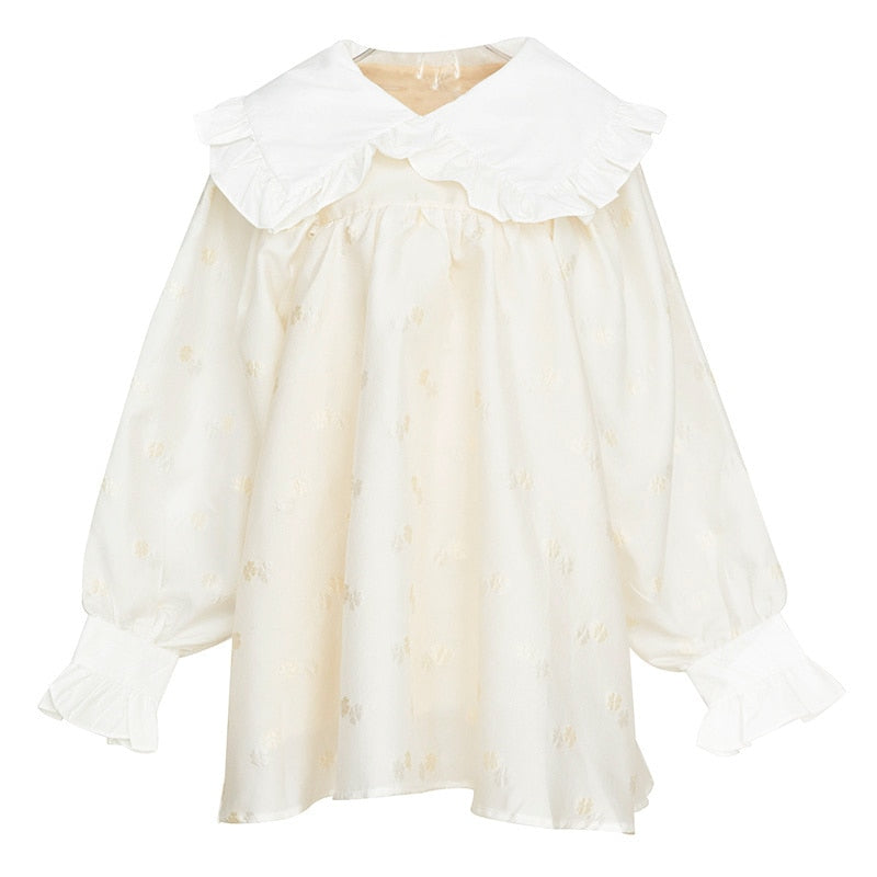 Spring Peter pan collar a-line above-knee length street wear lovely Princess style long sleeve white dress voguable