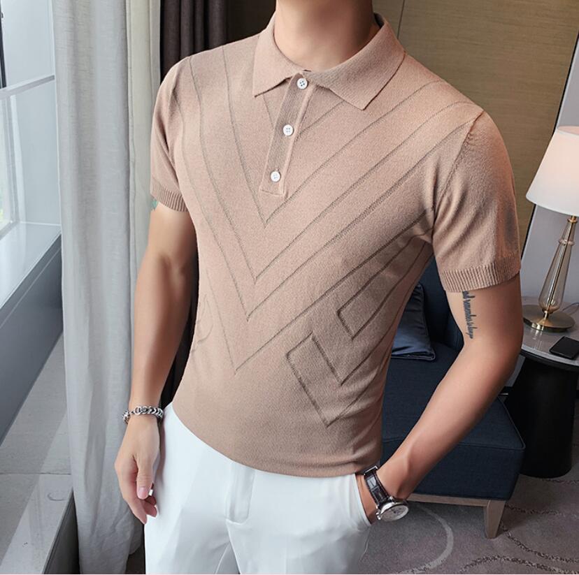 Voguable 2022 New Man Solid Color Stripped Ice silk knitting Polo Shirt Casual  British style Slim Men Short Sleeve High Quantity polo voguable