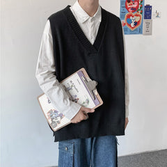 Oversized V-neck Sweater Vest Men Warm Fashion Casual Knitted Pullover Men Korean Loose Sleeveless Sweater Mens Jumper Clothes voguable
