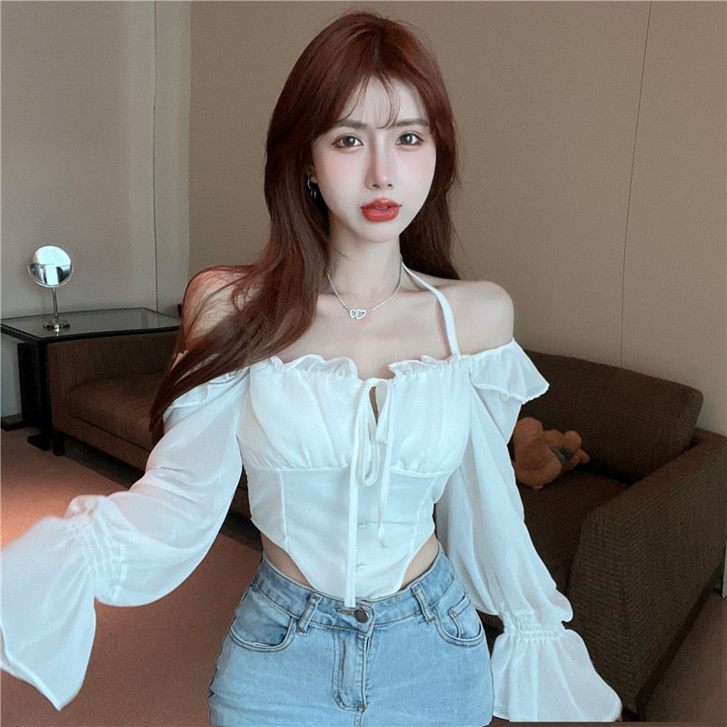 Ladies Sexy Halter Strap Short Chiffon Top Korean Autumn Long Sleeve Slim Shirt Solid Color White Fashion Clothes voguable