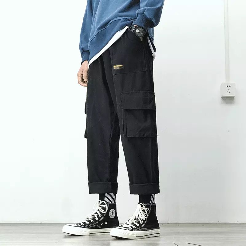 Voguable Autumn Overalls Pants for Men Military Straight Loose Multi-pocket Japanese Sweatpants 2022 Nine-point Casual Fashion Streetwear voguable