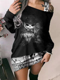 Halloween Skull One Sided Cold Shoulder Sweatshirt Dress Vintage Print Dress Vestidos Autumn Winter Long Sleeve Gothic Dress