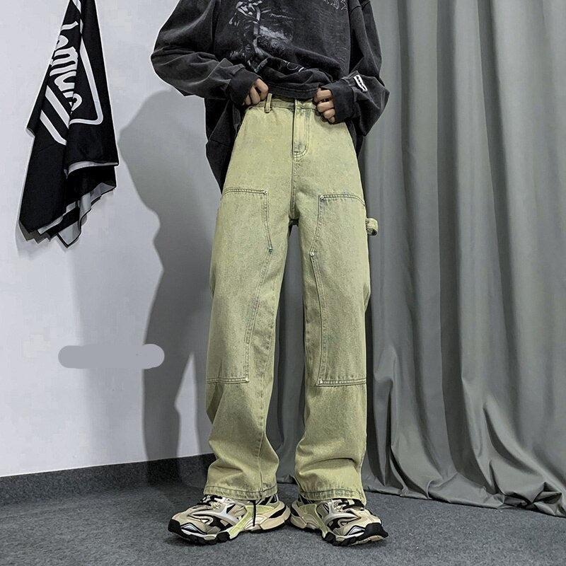 Wide Leg Straight Men Jeans High Street Ins Fashion Denim Jeans Rivet Design Streetwear Hip Hop Black Unisex Trousers voguable