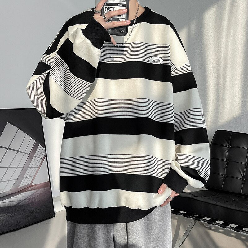 Stripe Oversized Men's Sweatshirts Spring Casual Male Round Neck Hoodies Korean Style Fashion Unisex 5XL Pullovers voguable