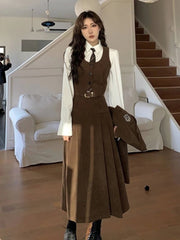 Autumn Suit Women's Retro Design College Style Short Coat+Shirt+Vest+Half Length Skirt Slim Versatile Four Piece Set Women voguable