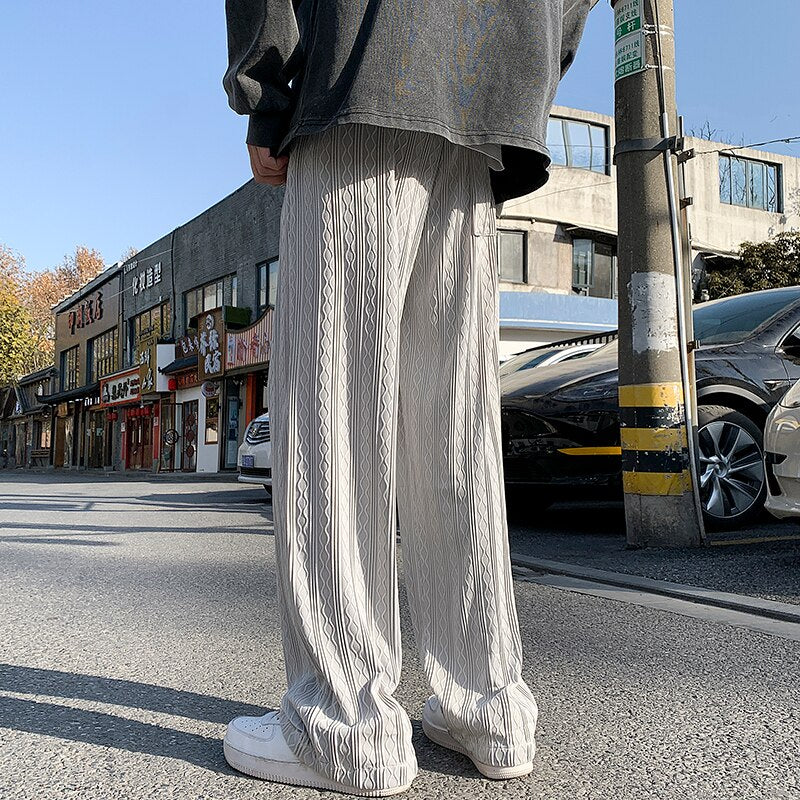 Summer New Drape Wave Striped Casual Pants Men's Loose American Oversized Wide Leg Pant Male Elastic Waist Street Sweatpant voguable