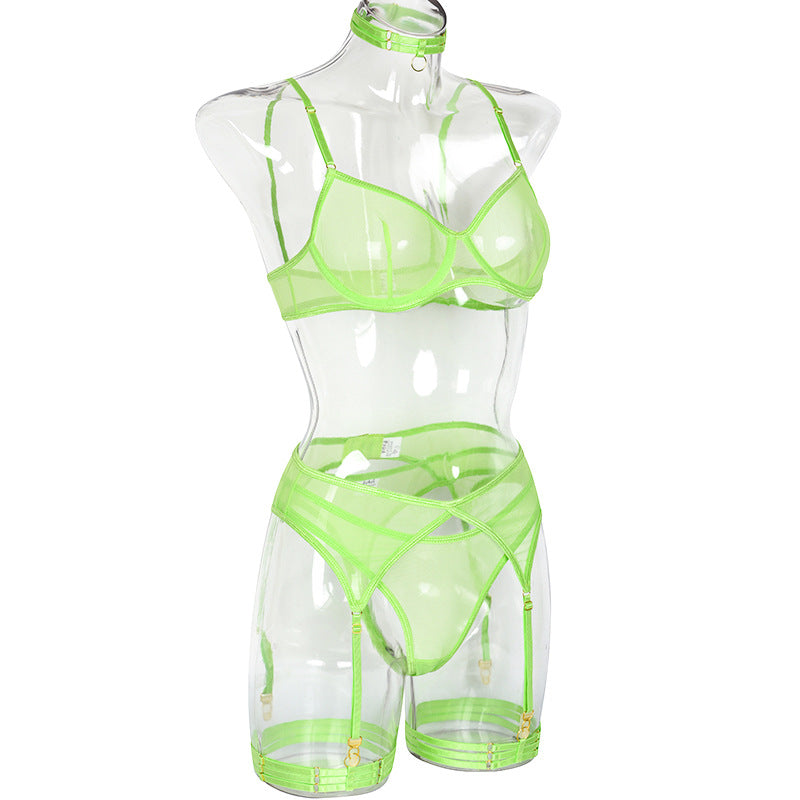 voguable  4-Piece Lace Bra Set Women Mesh Panty Underwear Set 8 Colors Transparent Sexy Lingerie Set voguable