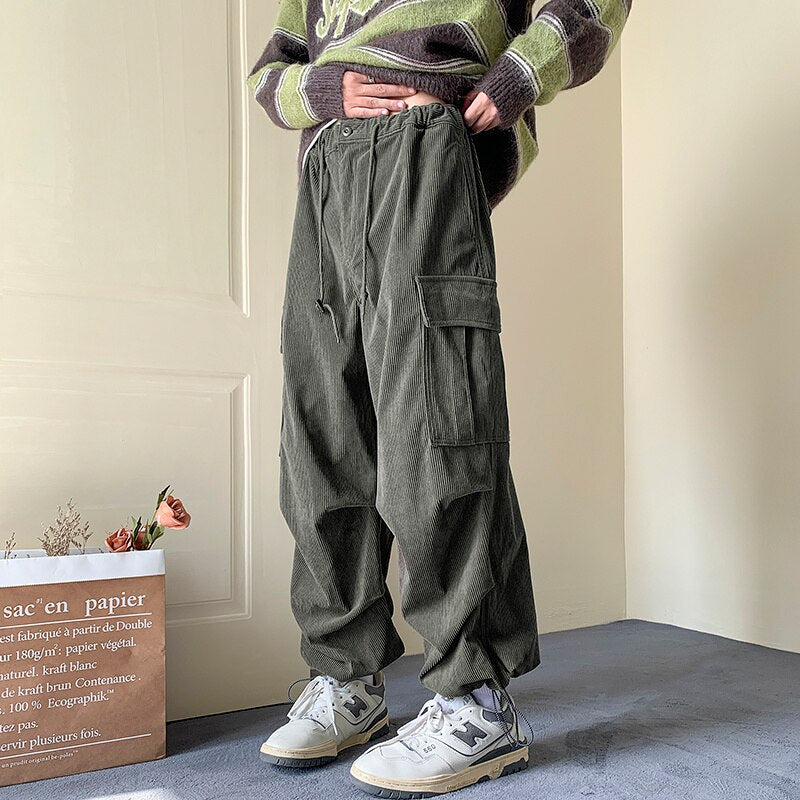 Autumn Winter Corduroy Pants Men Fashion Oversize Pocket Cargo Pants Men Streetwear Hip Hop Loose Straight Pants Mens Trousers voguable