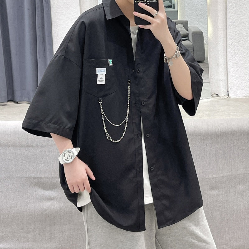 Oversized Short Sleeve Shirt For Men Streetwear Blouse Harajuku Chain Fashion Men's Shirts Korean Clothes Men's Clothing voguable