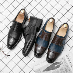 New Monk Shoes Men Shoes PU Colorblock Classic Business Casual Banquet Crocodile Pattern Double Buckle Fashion Dress Shoes voguable