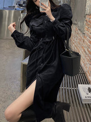 Spring Women Elegant Corduroy Long Sleeve Shirt Dress Female Buttons Turn-down Collar Draw String Vintage Vestdios Harajuku voguable