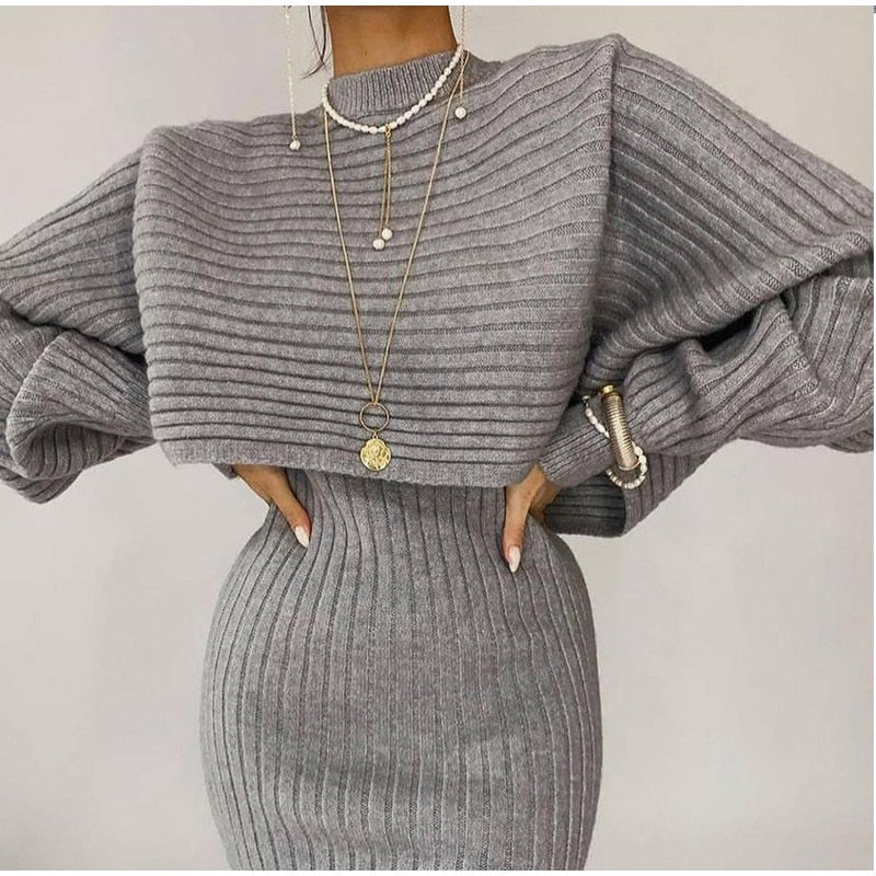 Women Elegant Slim Two Piece Sets Female Sweater Dress Autumn Winter High Waist Knitted Ensemble Femme Medium Long Party Dresses voguable