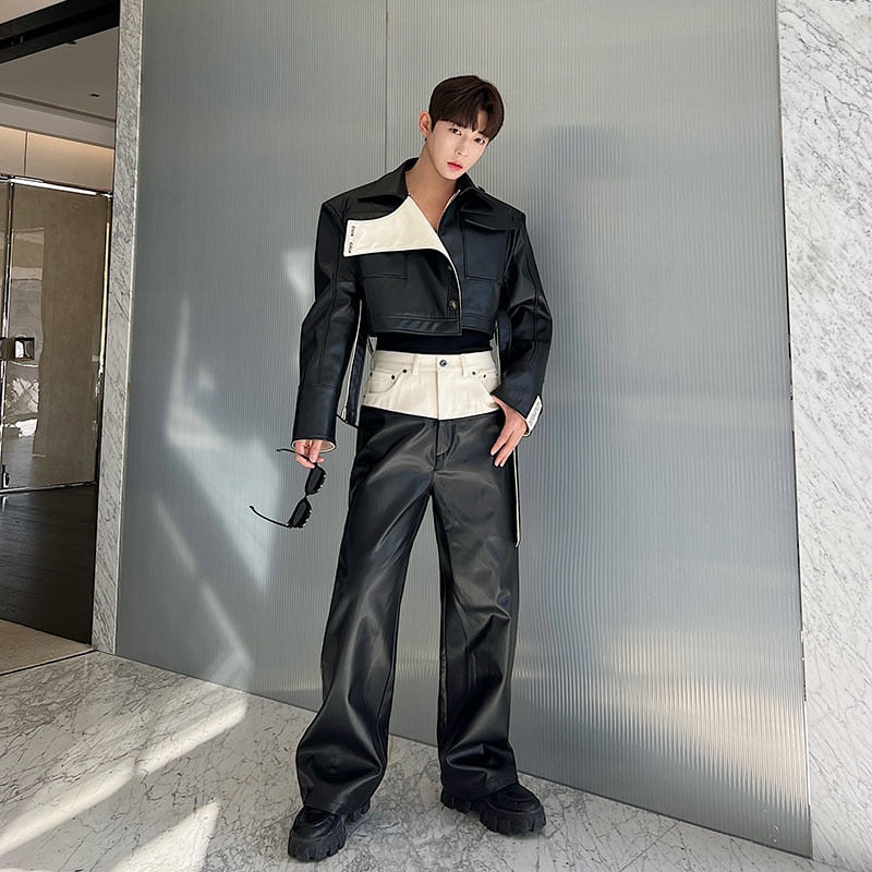 Spring Designer Short Denim Pu Leather Jacket Contrast Color Turn-down Collar Long Sleeve Male Coat Fashion 9A7435 voguable