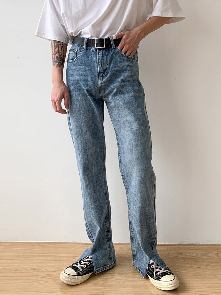 Voguable Men's Jeans Split Loose Leg Vintage Punk Denim Hip Hop Streetwear Pants Korean Chic Design Straight Casual Male Long Trousers voguable