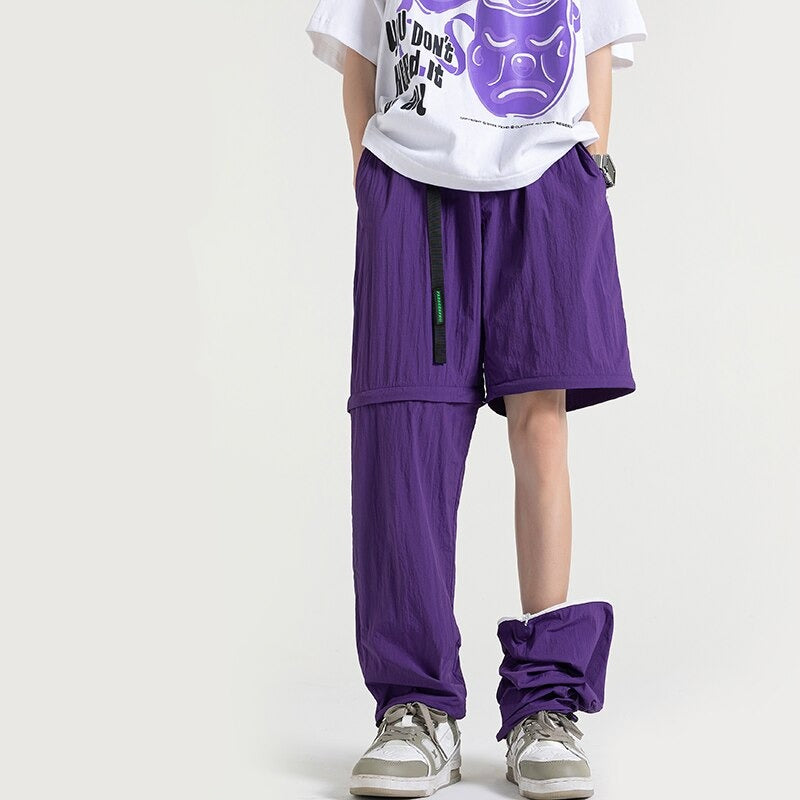 Detachable Two Piece Wide Leg Pants for Men Baggy Large Size Elastic Waist Summer Thin High Street Hip Hop Nylon Trousers voguable
